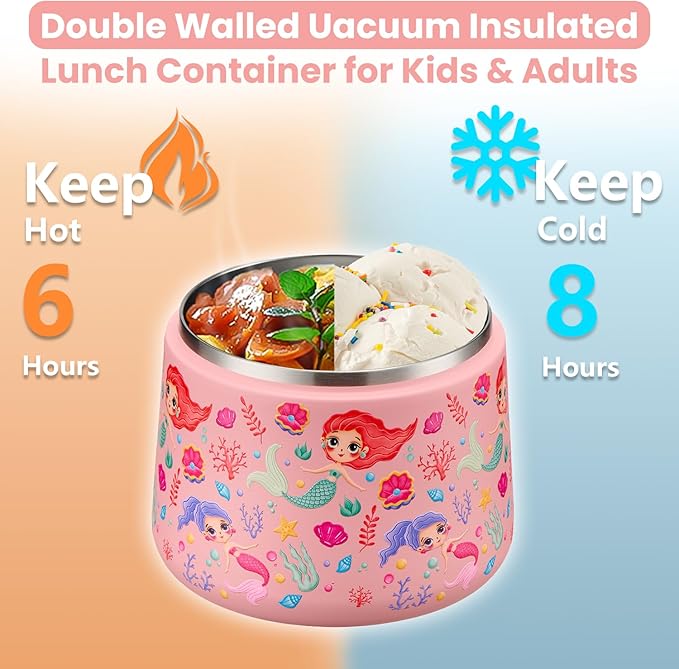 14oz Insulated Vacuum Food Jar with Buckle Lid,Soup Thermo for Hot Food Kids,Wide Mouth Leakproof Stainless Steel Lunch Container with Spoon-Mermaid-BubblyBeeBaby