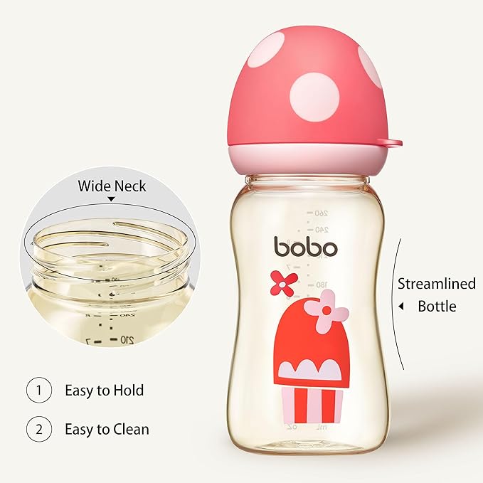YOHKOH PPSU Baby Bottle Wide Neck, Newborn Anti-Colic Baby Bottle with Natural Response Nipple, Streamlined Body, Easy to Clean (8.8oz (Pack of 2), Red)-BubblyBeeBaby