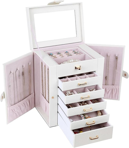 Kendal Jewelry Box, 6-Layer Jewelry Storage Organizer for Necklace Bracelet Rings Watch, 10.2"x8.2"x6" Classic PU Leather 5 Drawers Large Storage Capacity with Mirror-BubblyBeeBaby