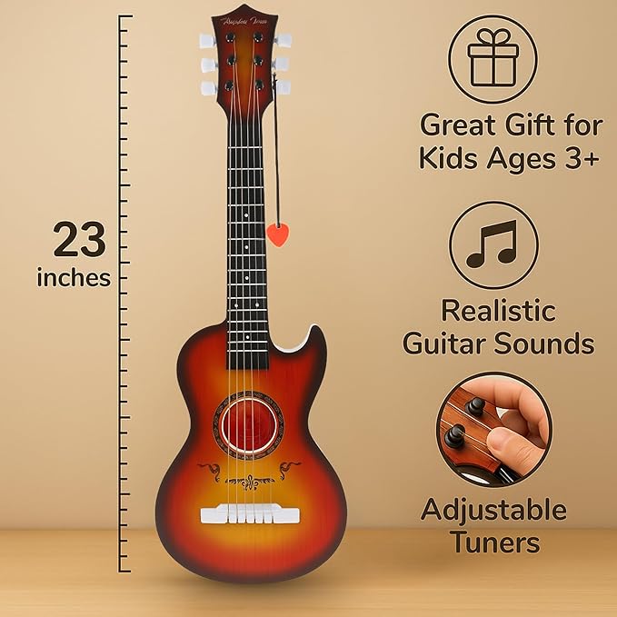 23" Acoustic Guitar, Kids 6 String Toy Guitar - Realistic Steel Strings - Beginner Practice First Musical Instrument for Children, Toddlers (Cherry Sunburst)-BubblyBeeBaby