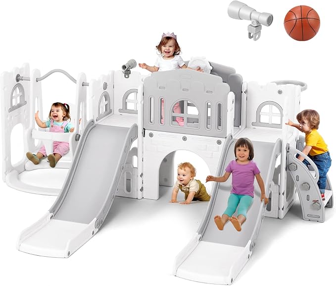 JOYLDIAS 10 in 1 Toddler Slide, Double Kid Climber Slide Playset w/Swing, Basketball Hoop, Telescope, Tunnel, Storage Space and Non-Slip Steps, Indoor Outdoor Backyard Playground Toy for Toddlers-BubblyBeeBaby