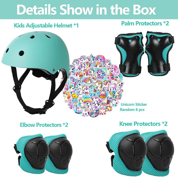 Kids Bike Helmet with Knee Elbow Wrist Pads Guards,Pink,for Ages 2-3-5-8-14,Sports Bicycle,Skate Scooter,Rollerblading with Unicorn Sticker-BubblyBeeBaby
