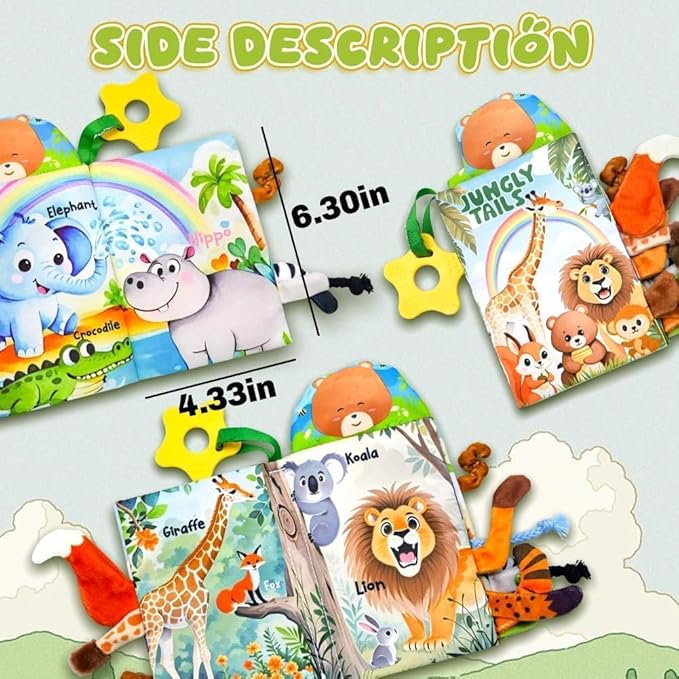 Baby Toys 0-6 Month, Crinkle Books for Babies, Jungle Tails Soft Baby Cloth Books 6 to 12 Months with 10 Pcs Jungle Animal Finger Puppets, Infant Tummy Time Sensory Toys, Newborn Gifts for Boys Girls-BubblyBeeBaby
