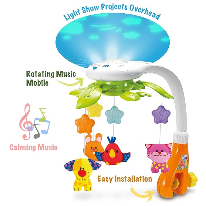 KiddoLab Baby Crib Mobile with Relaxing Music. Includes Ceiling Light Projector with Stars, Animals. Musical Crib Mobile with Timer. Nursery Toys for Babies Ages 0 & Older-BubblyBeeBaby