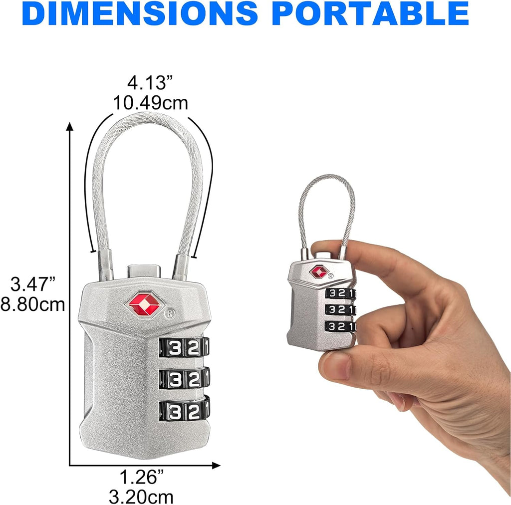 4 Pack TSA Approved Travel Luggage Locks, Cable Combination Lock, 3 Digit Padlock, Alloy Steel Cut-Resistant Cable, Weatherproof Zipper Lock for Gun/Suitcases, Backpacks, Gym Lockers, Golf Bags-NO KEY