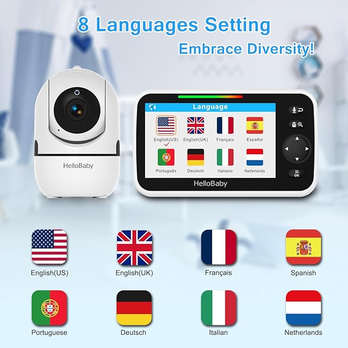 HelloBaby No WiFi Baby Monitor 5" Screen 30-Hour Battery Pan-Tilt-Zoom Video Upgrade with Camera and Audio, Night Vision, VOX, 2-Way Talk, 8 Lullabies and 1000ft Range, HB6550-BubblyBeeBaby