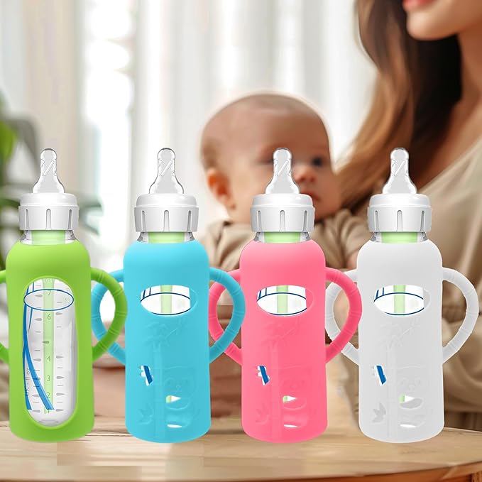 4 Pack Silicone Sleeves for Dr. Brown's Glass Baby Bottles - Drop Protection Baby Bottle Sleeves,Compatible with Dr. Brown's Newborn Glass Bottles,with Silicone Handles,8 oz-BubblyBeeBaby