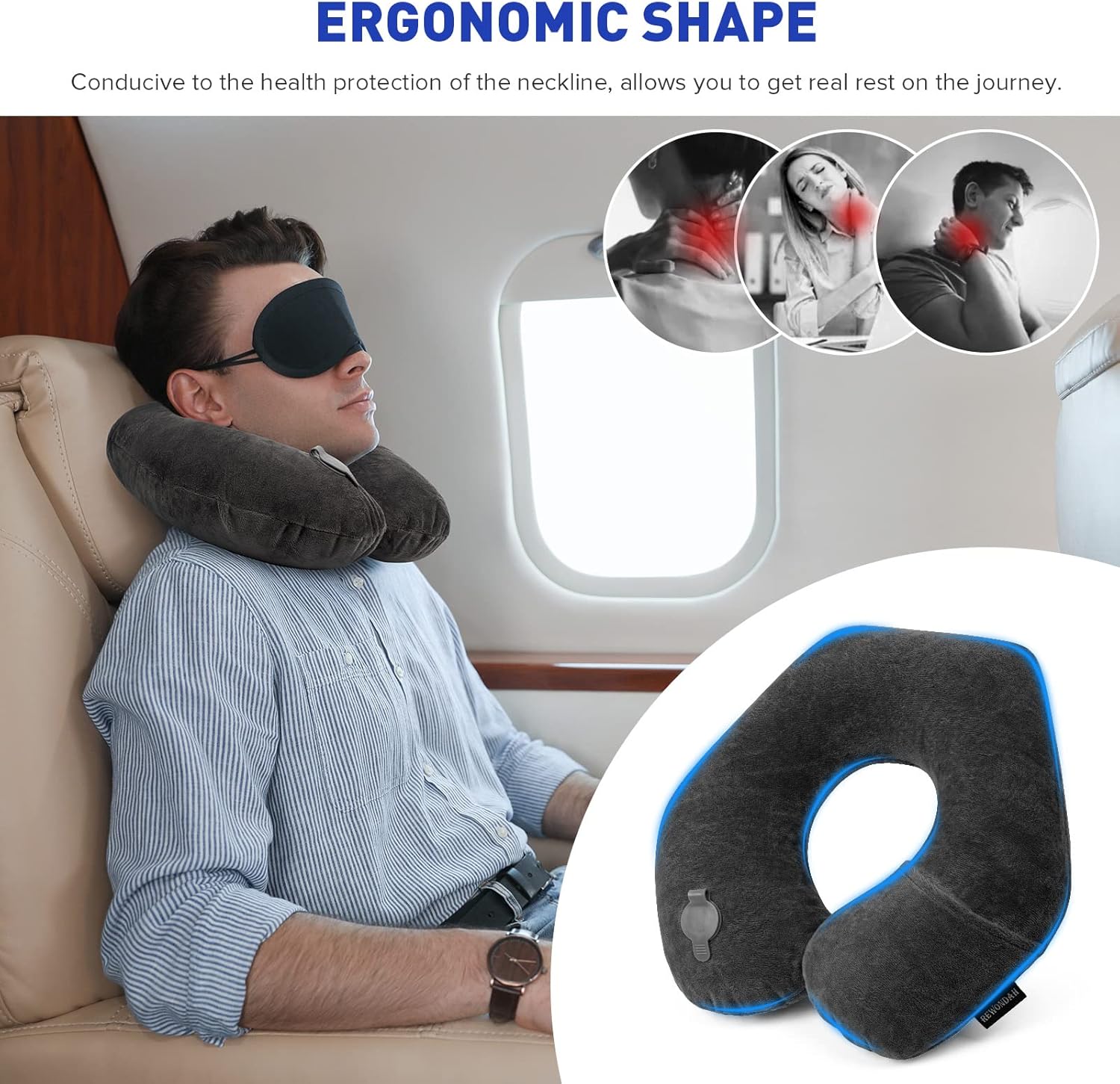 Rewondah Inflatable Travel Pillow, Inflatable Neck Pillow for Traveling Airplane, Travel Pillow with Soft Velour Washable Cover, U Shape Blow Up Neck Pillow for Airplanes Train Car Travel