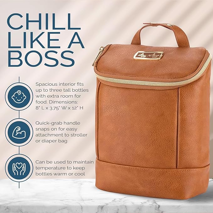 Itzy Ritzy Insulated Bottle Bag – Keeps Bottles Warm or Cool - Holds 3 Bottles & Features Interior Pocket for Ice Pack (Not Included), Cognac-BubblyBeeBaby