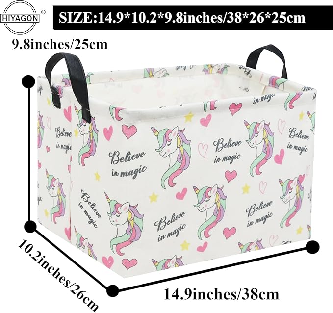 HIYAGON Rectangular Unicorn Basket Gift Baskets Empty Cute Storage Bin with Handles Nursery Room Decor(Unicorn)-BubblyBeeBaby