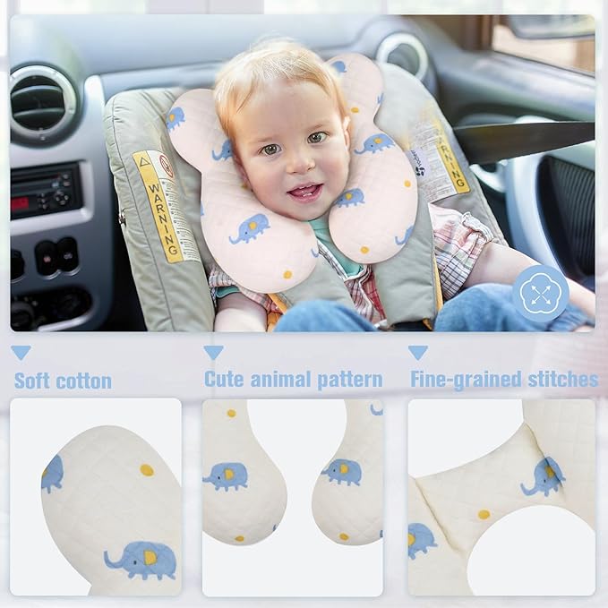 vocheer Baby Neck Pillow(Upgraded),Cotton, Baby Support Pillow, Car Seat Pillows for Newborn, Carseat Head and Body Support, Infant Travel Pillows for Prams, Pushchair, Stroller, Bouncer, Elephant-BubblyBeeBaby