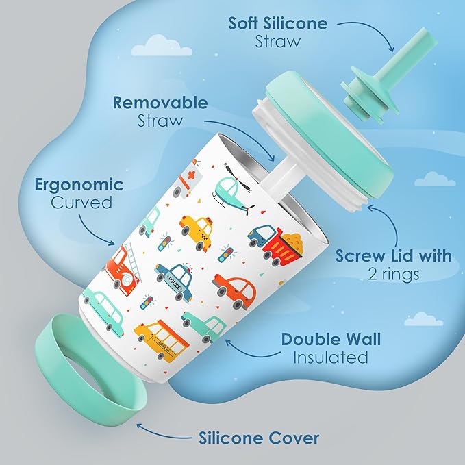 Kid Insulated Stainless Steel Tumbler with Silicone Straw, 12oz Sippy Cup for Kids (Transportation)-BubblyBeeBaby