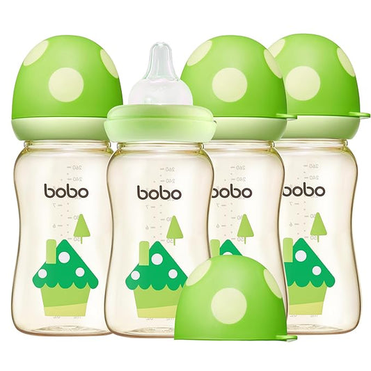 YOHKOH PPSU Baby Bottle Wide Neck, Newborn Anti-Colic Baby Bottle with Natural Response Nipple, Streamlined Body, Easy to Clean (8.8oz (Pack of 4), Green)-BubblyBeeBaby