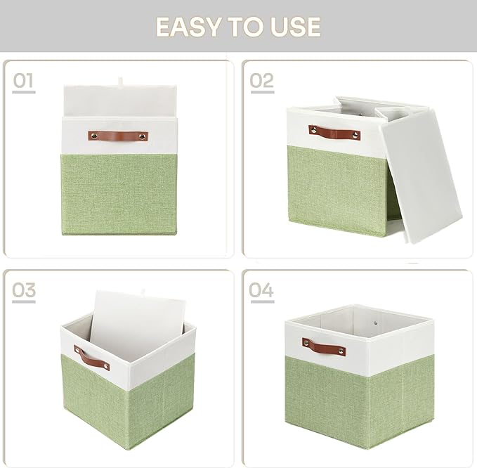HNZIGE Fabric 11x11 Cube Storage Bins, Set of 4, Foldable Storage Cube Bin Baskets for Shelves with Handles, Bins for Cube Organizer Home Toy Nursery Closet(Green White)-BubblyBeeBaby