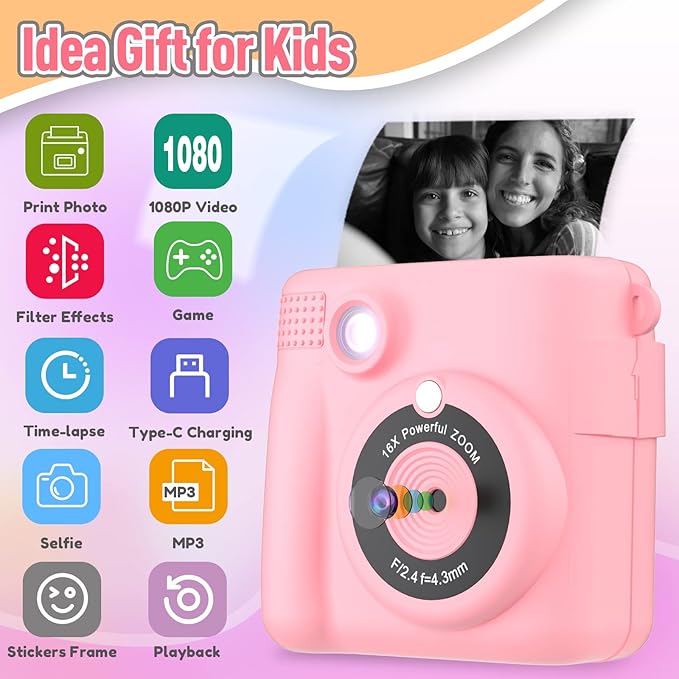 Instant Print Camera for Kids, Christmas Birthday Gifts Girls Boys Age 3-12, HD Digital Video Cameras Toddler, Portable Toy 3 4 5 6 7 8 9 10 Year Old Girl with 32GB SD Card-Pink-BubblyBeeBaby