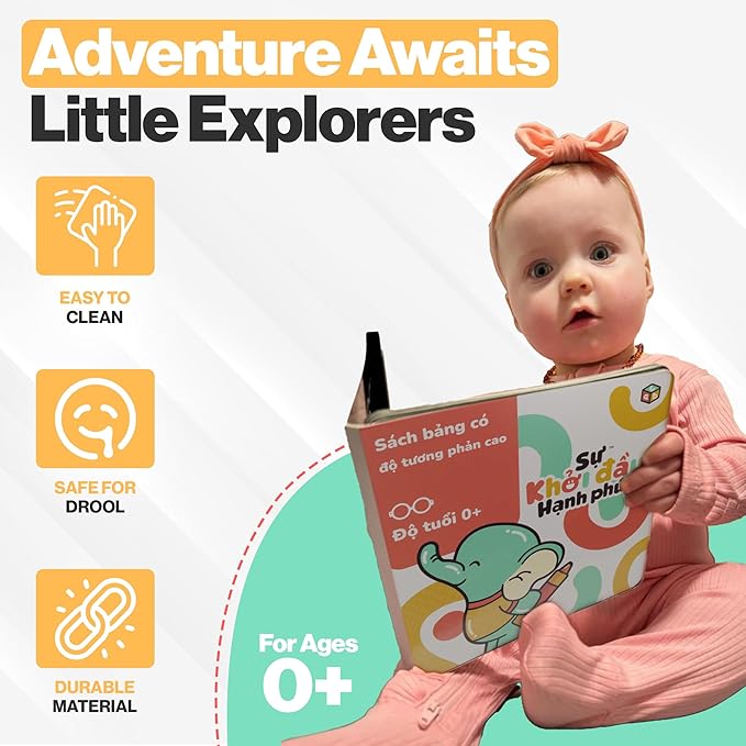 Happy Start Award-Winning High Contrast Board Book - Newborn Black & White Baby Cards, Easy to Clean, Hospital Approved, Stands on Its Own, Tummy Time Toy, Ages 0+ (Vietnamese)-BubblyBeeBaby