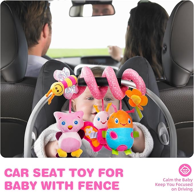Jollybaby Baby Car Seat Stroller Toys, Plush Activity Hanging Spiral Activity Pram Crib with Music Box, Rattles, Squeaker for Babies Infant Boys Girls(Pink)-BubblyBeeBaby