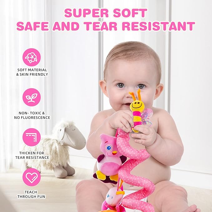 Jollybaby Baby Car Seat Stroller Toys, Plush Activity Hanging Spiral Activity Pram Crib with Music Box, Rattles, Squeaker for Babies Infant Boys Girls(Pink)-BubblyBeeBaby