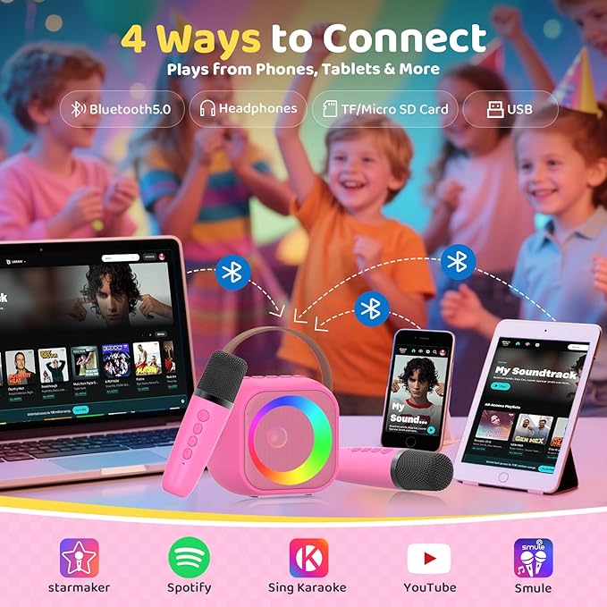 Karaoke Machine for Kids, Toys for 3-12 Years Old Girls Gifts, Kids Karaoke Microphone Machine Toy, Best Fun Christmas Birthday Gifts for 5 6 7 8 9 10 11 Years Teens Girl Boys Rose 2 Mic-BubblyBeeBaby