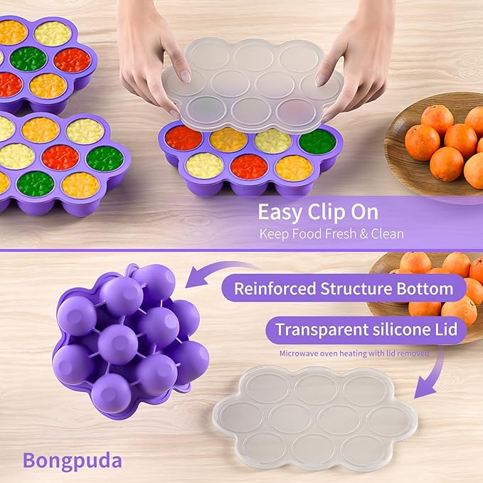 10 Cavities 2 OZ Portions Silicone Baby Food Freezer Tray with Lid,Ice Cube Trays & Molds,Baby Popsicle Mold,Egg Bite Molds,for Freezing and Baking Breast Milk,ice Cube,Egg Bites(Purple)-BubblyBeeBaby