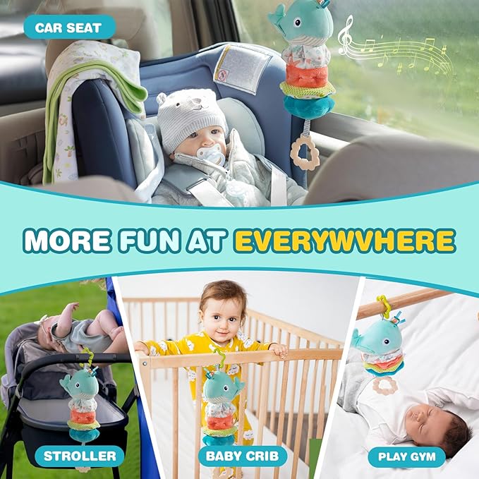 Jollybaby Baby Musical Pull String Hanging Toy for Stroller Car Seat Crib Play Gym, Plush Stuffed Whale Toy for Carseat with Music Teether Crinkle Paper, Sensory Toy for 0-6-12-18 Months Baby Gift-BubblyBeeBaby
