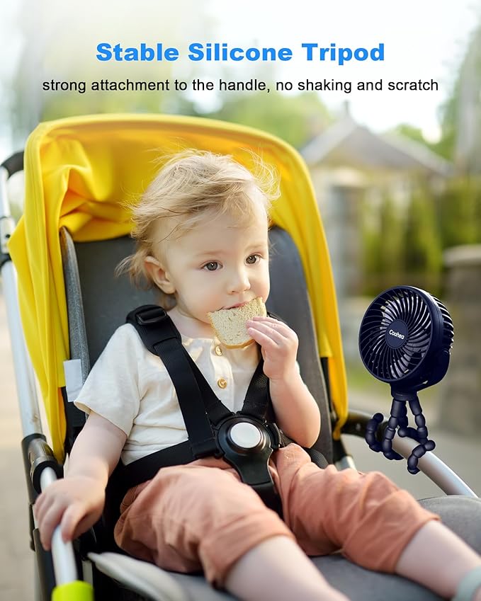 Stroller Fan Clip on for Baby, 4000mAh Rechargeable Battery Operated, Flexible Tripod, 3 Wind Speed, 360° Rotatable, Small Cooling Portable Fan for Car Seat Crib Golf Cart Treadmill, Navy Blue-BubblyBeeBaby