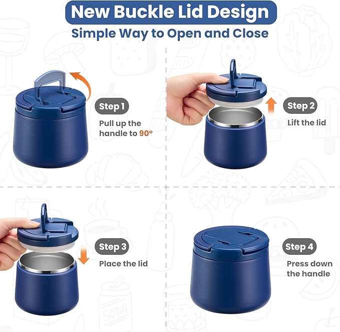 14oz Insulated Vacuum Food Jar with Buckle Lid,Soup Thermo for Hot Food Kids,Wide Mouth Leakproof Stainless Steel Lunch Container with Spoon-Blue-BubblyBeeBaby