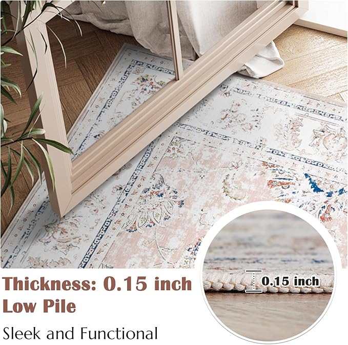 jinchan Vintage Floral 5x7 Area Rugs for Bedroom - Machine Washable Distressed Design Stain Resistant Boho Carpet Ultra-Thin Low Pile Non-Slip for Living Room Dining Room Kitchen (5‘x7',Pink)-BubblyBeeBaby