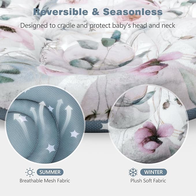 Upgraded Infant Car Seat Insert, 2-in-1 Reversible Baby Car Seat Head Support with 3 Strap Covers, All Seasons Newborn Car Seat Insert and Baby Carseat Cushion for Stroller, Swing, Rocker, Bassinets-BubblyBeeBaby