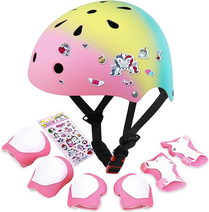 Kids Bike Helmet with DIY Stickers and Knee Pads Elbow Pads Wrist Guard Set for Ages 3-8-14 Toddler Boys Girls Helmet for Roller Skates Cycling Skateboarding Bicycle Scooter-BubblyBeeBaby
