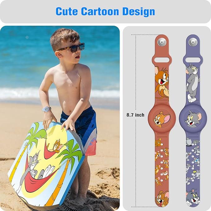 2 Pack AirTag Bracelet for Kids, Waterproof Cute Cartoon Air tag Holder for Kids with Watch Band Design, Full Coverage Silicone Airtag Hidden Accessories for Child, Healthy Material Brown + Grey-BubblyBeeBaby