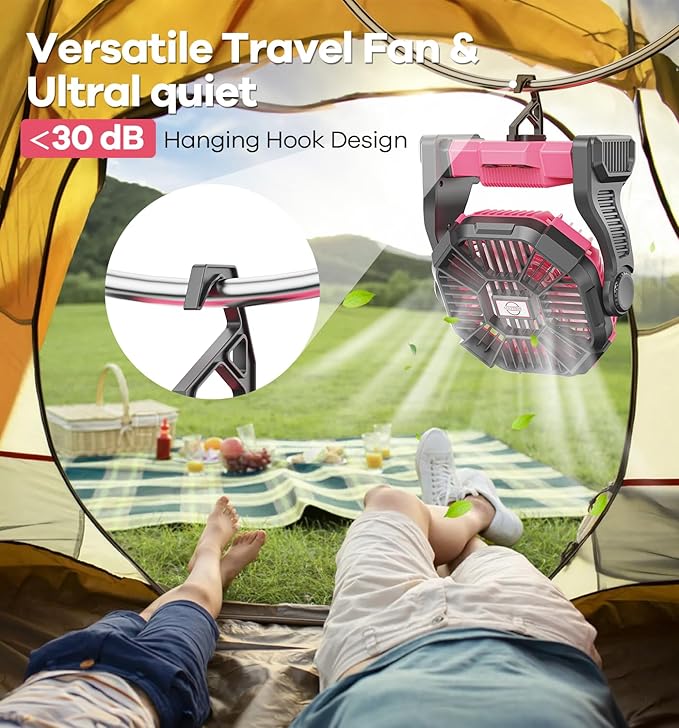 20000mAh Portable Battery Powered Camping Fan - with LED Light, Quiet Battery Operated, Camping Gear for Travel, Tent, Beach, Car or Hurricane Power Outages, Pink-BubblyBeeBaby
