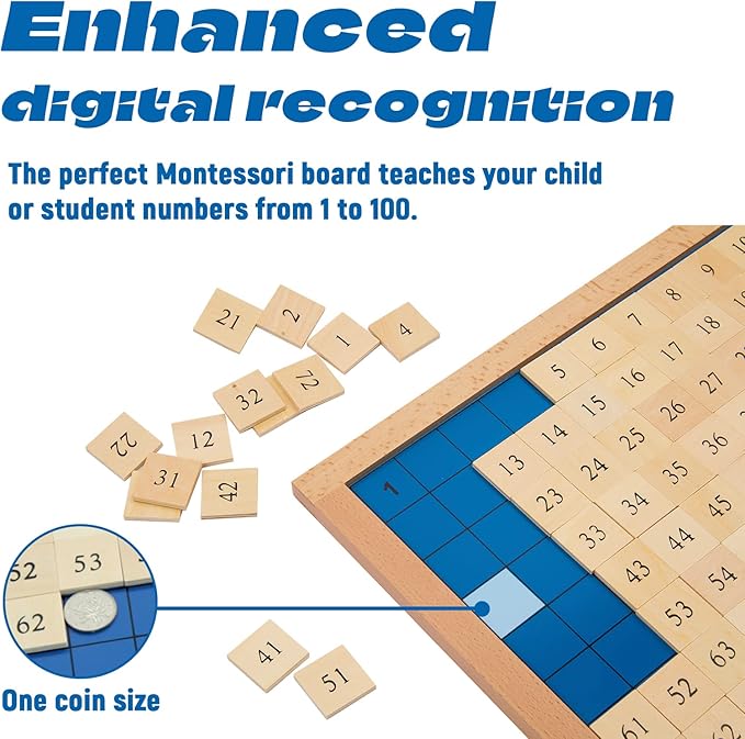 Montessori Toys for 3+ Year Old Hundred Board, Consecutive Counting Numbers 1-100 for Learning & Educational Toy- Math Games Board,Montessori Math Materials for Large Size 13.7" X 13.7 "X 0.4"-BubblyBeeBaby