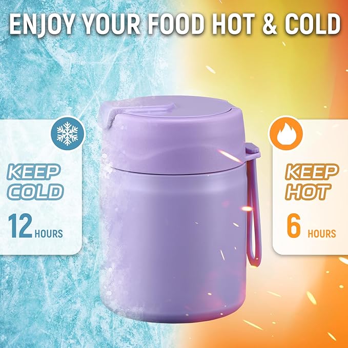17oz Soup Thermo for Hot Food Kids Insulated Vacuum Food Jar with Stainless Steel Spoon Wide Mouth Thermo Leakproof Lunch Food Container Kids Hot Lunch Box (Purple)-BubblyBeeBaby