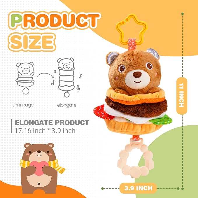 Jollybaby Baby Musical Pull String Hanging Toys for Stroller Car Seat Crib Play Gym, Plush Stuffed Hamburg Bear Toy for Carseat with Music Teether Crinkle, Sensory Toy for 0-6-12-18 Months Baby Gifts-BubblyBeeBaby