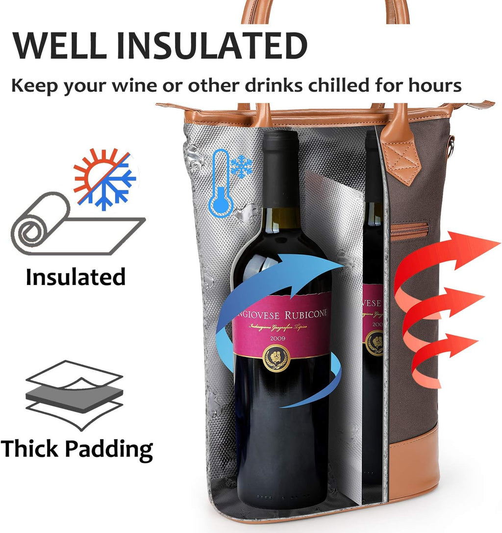 Tirrinia Insulated Wine Gift Carrier Tote - Travel Padded 2 Bottle Wine/Champagne Cooler Bag for Portable Wine Bottle Carrying Case, Women Men Event party, Gift for Wine Lovers