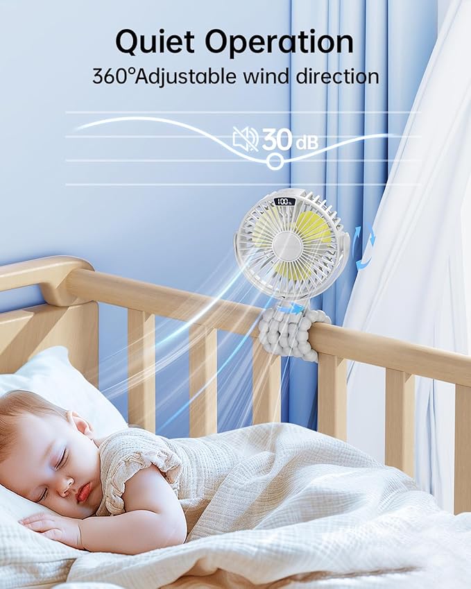 SWEETFULL Portable Stroller Fan with Display 4000mAh Battery Powered Mini Clip On Fan, 4-Speed Rechargeable Small Personal Cooling for Baby Car Seat Crib Travel - White-BubblyBeeBaby