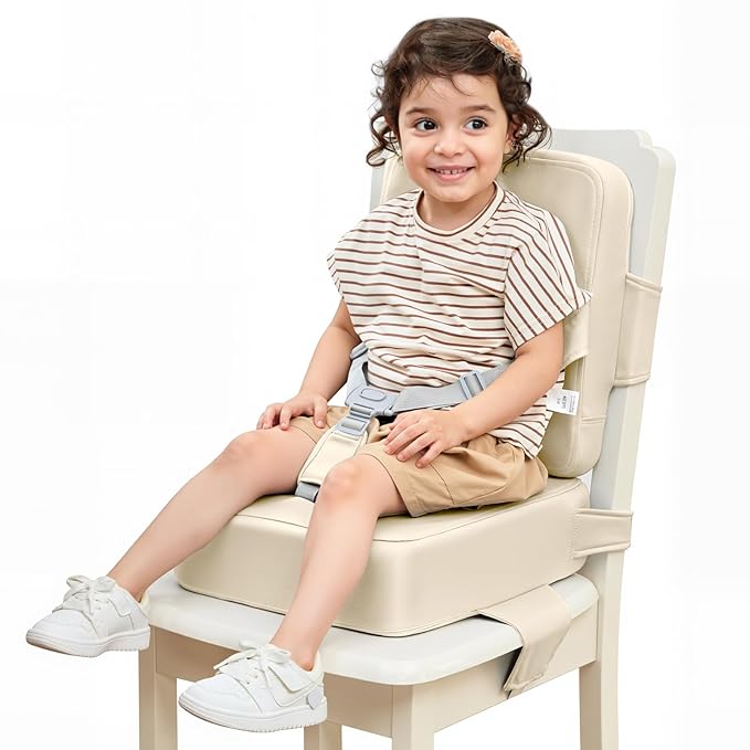 HOMEAL Toddler Booster Seat for Dining Table - Toddler Dining Cushion with Wipeable Surface -Booster Seat for Kitchen Chair with Easy-Install Straps - Breathable Fabric - Beige-BubblyBeeBaby