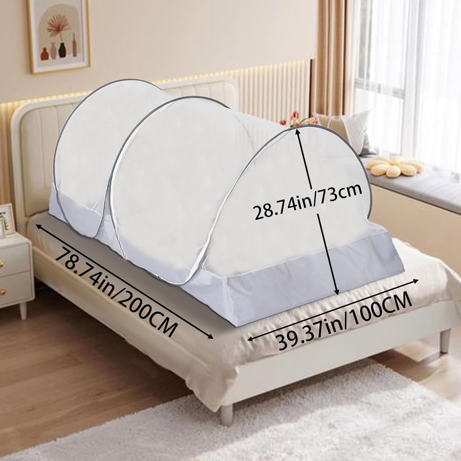 CMINGJ Portable Mosquito Net Foldable Pop-Up Travel Mosquito Net for Bed Free Installation-Suitable for Baby Adults Bedroom, Camping, nap, Patio (Large-Side Zipper(White net))