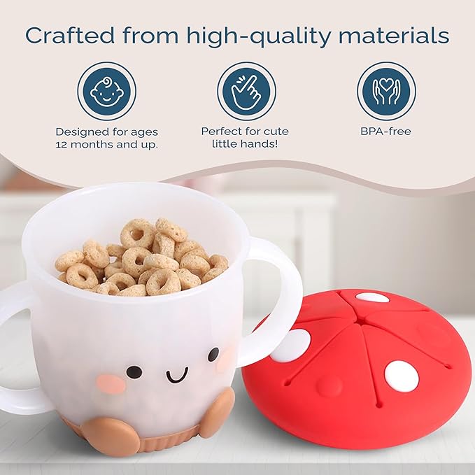 Itzy Ritzy Toddler Snack Cup - Spill-Proof Snack Cup for Toddlers with Soft Silicone Lid for Easy Food Access - Easy-To-Hold Kids Snacks Container With Handles - Ideal for 12 months & Up (Mushroom)-BubblyBeeBaby
