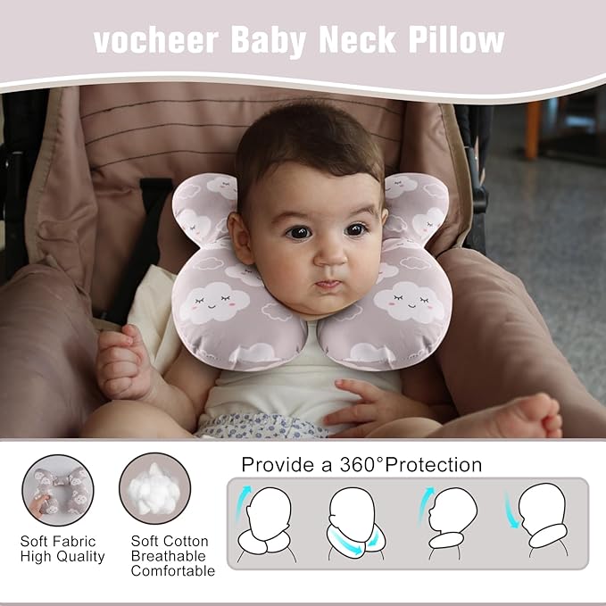 vocheer Baby Travel Pillow(Upgraded), Head and Neck Support Pillow for Pushchair, Car Seat,Stroller, Bouncer, Cotton(Grey Cloud-BubblyBeeBaby