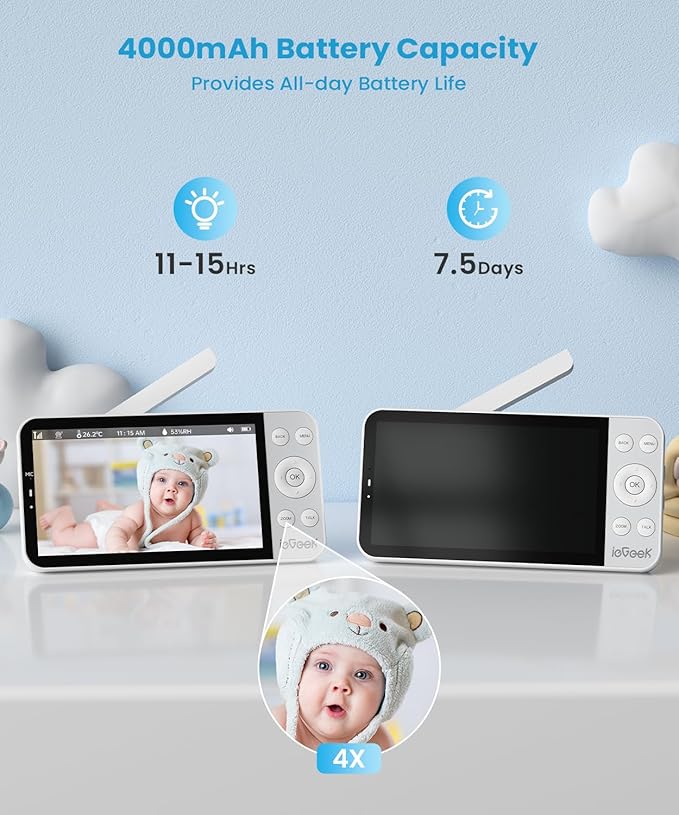 ieGeek 5.5" Baby Monitor,Audio Monitor with 2.5K Ultra HD 2.4G&5Ghz WiFi Camera,Night Light,Face Covering&Cry Detection,Two-Way Talk,Night Vision,Temp&Humidity Sensor,4000mAh Battery,App Control-BubblyBeeBaby
