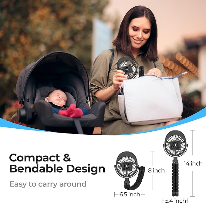 COMLIFE Misting Baby Stroller Fan, Rechargeable Battery Operated, 270° & 360° Pivoting, 50ml Portable Water Sprayer Misting Fan with Flexible Tripod Clip on Car Seat Crib Treadmill Bunk Bed-BubblyBeeBaby