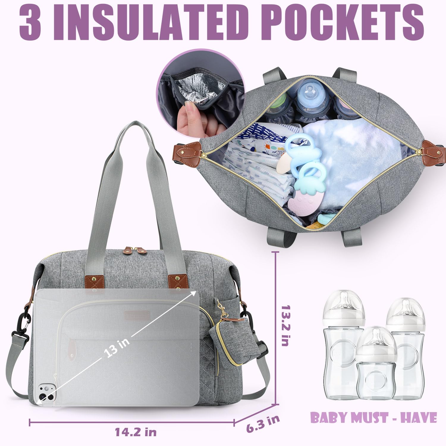 Tuwubi Diaper Bag Tote,Baby Diaper Bag with Pacifier Case Large Travel Diaper Tote Caddy for Mom and Dad Multifunction Large Baby Bag - M-Light Grey