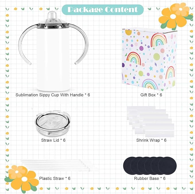12 Oz Sublimation Sippy Cup 6 Pack, Kids Sublimation Sippy Tumblers, Stainless Steel Sublimation Todder Water Bottle-BubblyBeeBaby