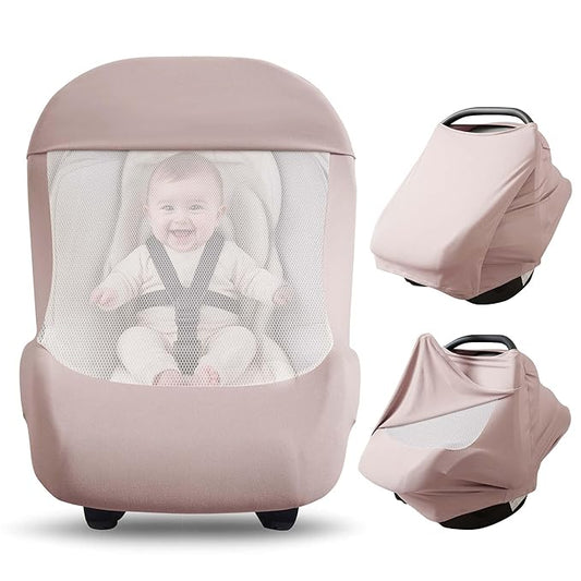 Konssy Baby Car Seat Cover with Breathable Mesh Window, Stretchy Windproof and Sunshade Canopy for Infant Car Seats, Boys and Girls-BubblyBeeBaby