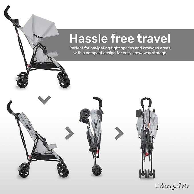 Dream On Me Rover Convenience Baby Stroller in Gray, Lightweight & Compact Umbrella Stroller, Easy one-Hand fold Travel Stroller, Lockable Rear Wheels, Removable & Adjustable Canopy-BubblyBeeBaby