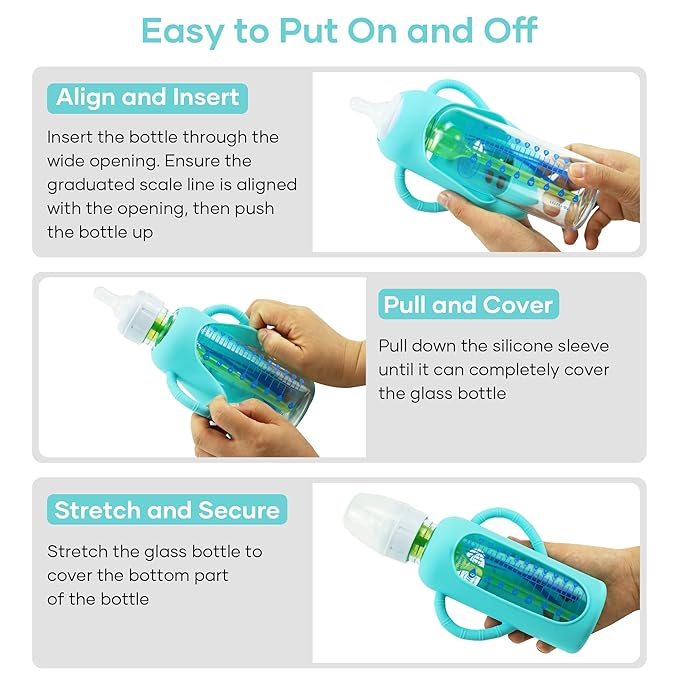 2 Pack Silicone Sleeves for Dr. Brown's Glass Baby Bottles, Anti Breakage Durable Baby Bottle Holder with Easy Grip Handles, Narrow Sleeve with a Cutout, Dishwasher/Freezer/Microwave Safe, 8 oz-BubblyBeeBaby