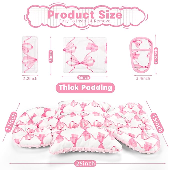 Infant Car Seat Insert, Soft Baby Car Seat Head & Body Support for Girl Boy, Reversible Newborn Preemie Carseat Insert Cushion with 3 Straps Pads, Fits Car Seat, Stroller, Swing, Bouncer, Pink Bow-BubblyBeeBaby