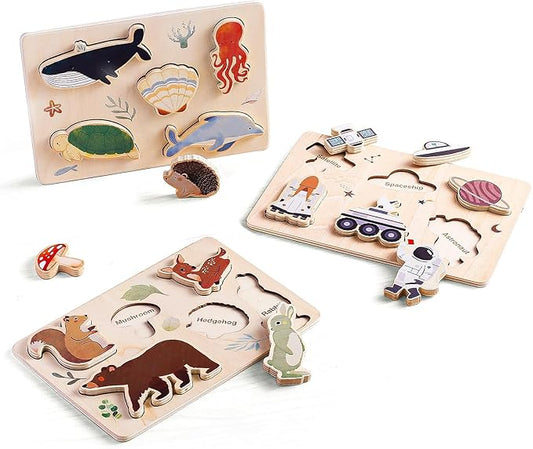 IEATFO 3 Packs Space Ocean Forest Wooden Chunky Puzzles for Toddlers, Wood Puzzle for Kids, Insert Puzzles Each Piece Fits Perfectly, Sturdy and Pegless, Educational Toys-BubblyBeeBaby